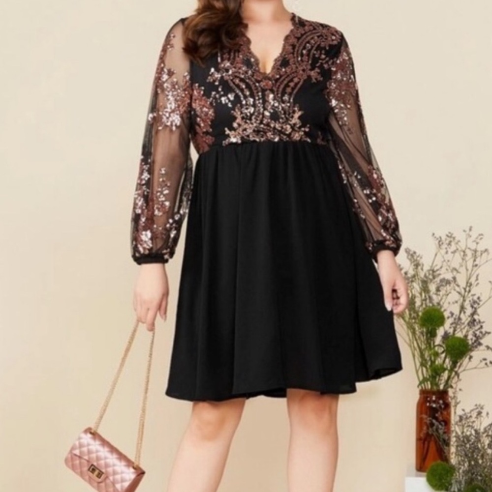Plus Size SHEIN Black Dress with Pink Sequin Embroidery
